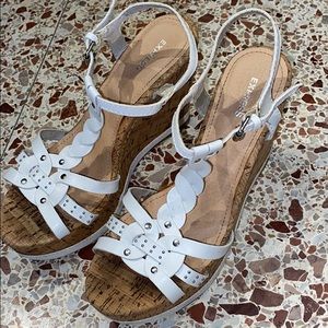 white and tan cork wedges with pattern